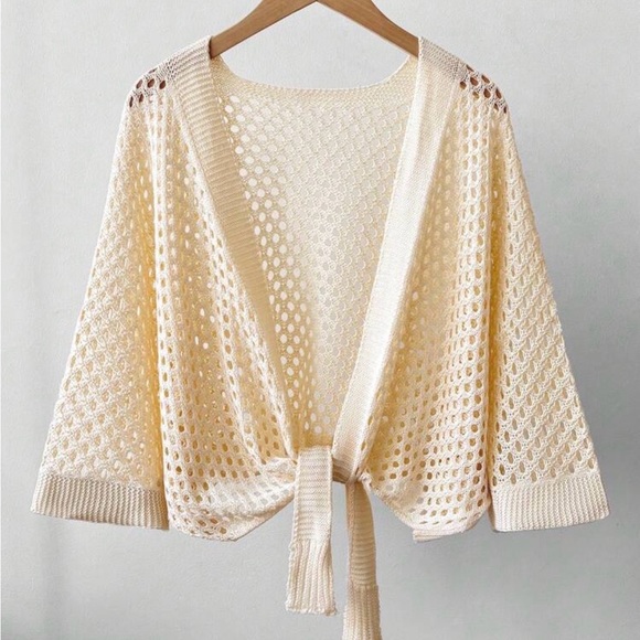 New Women' s Cream Open-Knit Tie-Front Sweater Cardigan- Small - Picture 3 of 6
